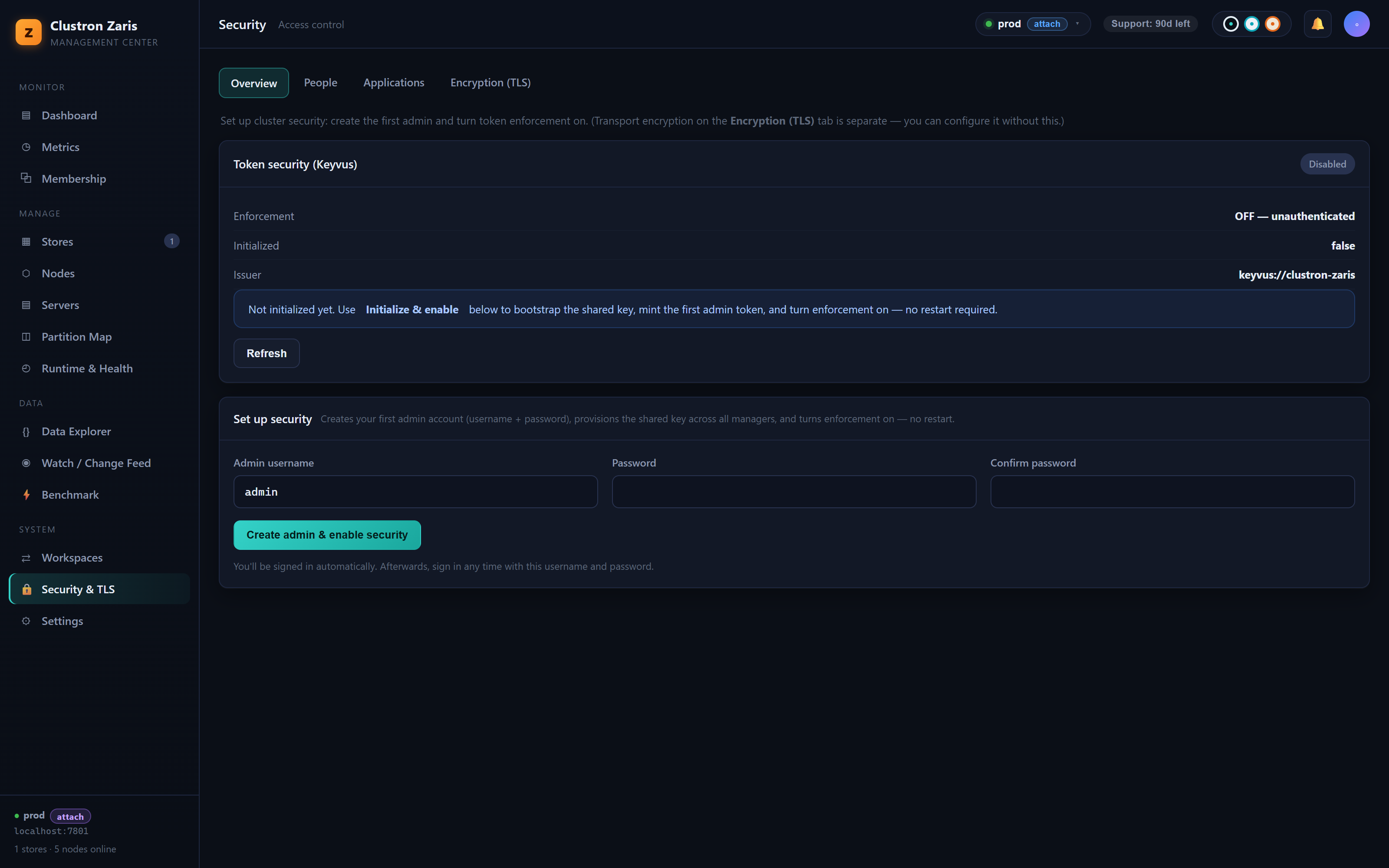 Clustron Zaris console — Security & TLS management