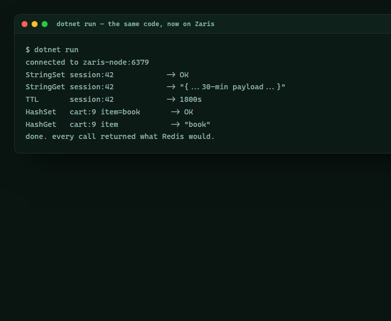 Drop-in Redis — Point StackExchange.Redis at Zaris — screen 2