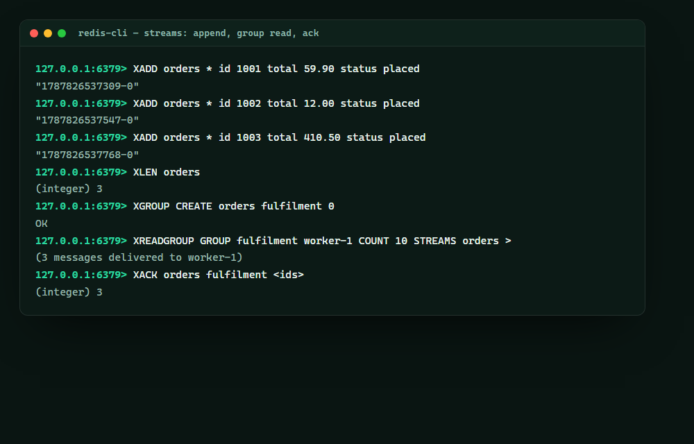 Redis Streams, Native — Event Log + Consumer Groups — screen 1